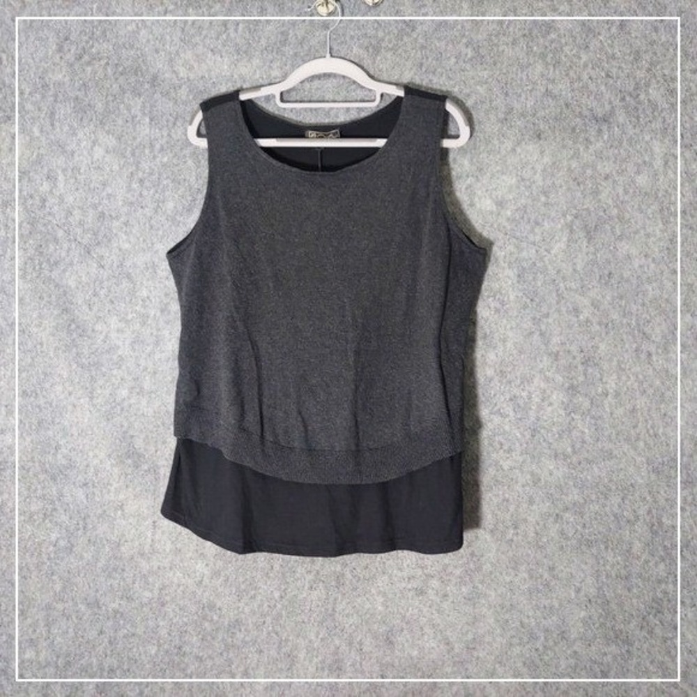 DG2 Diane Gilman Women Tunic L Gray Knit Mixed Media Stretch Layered Minimalist